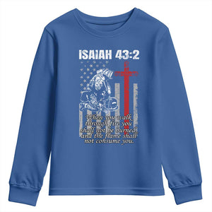 Isaiah 43 2 Firefighter Youth Sweatshirt Fireman Prayer Cross Bible Verse American Flag TS10 Royal Blue Print Your Wear