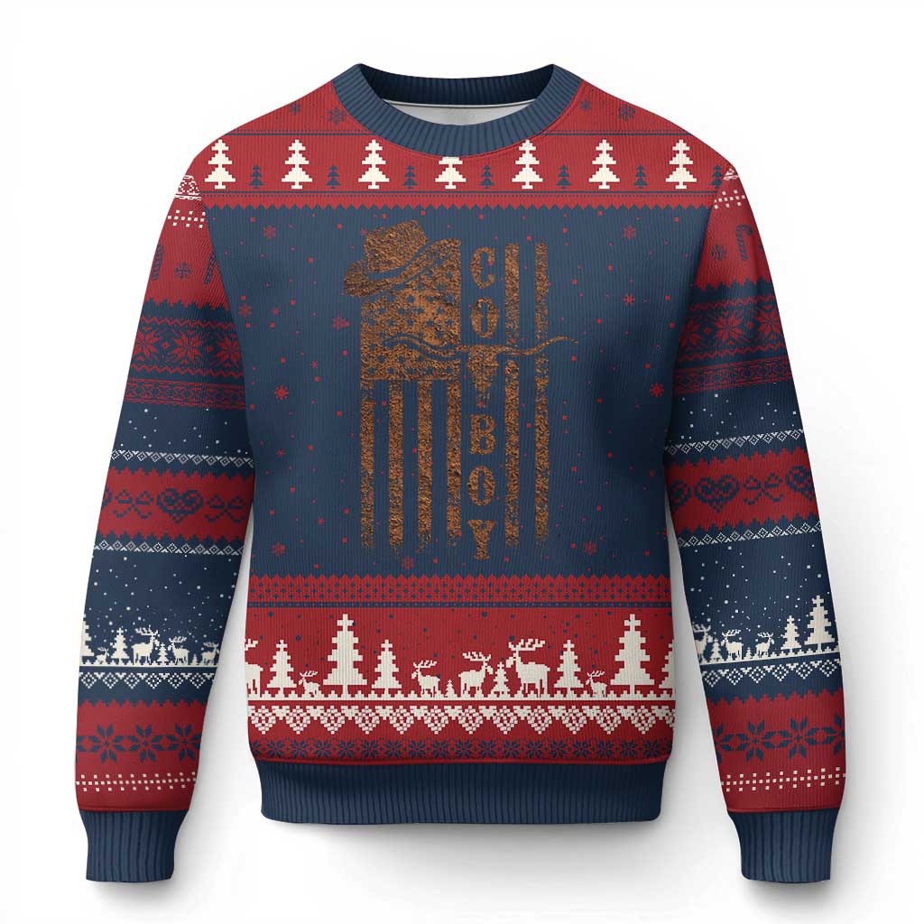 Retro Cowboy Ugly Christmas Sweater USA Flag Texas Western Country Rodeo Southern TS10 Navy Red Print Your Wear