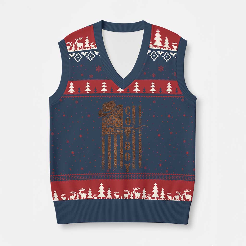 Retro Cowboy V-Neck Knit Sweater Vest USA Flag Texas Western Country Rodeo Southern