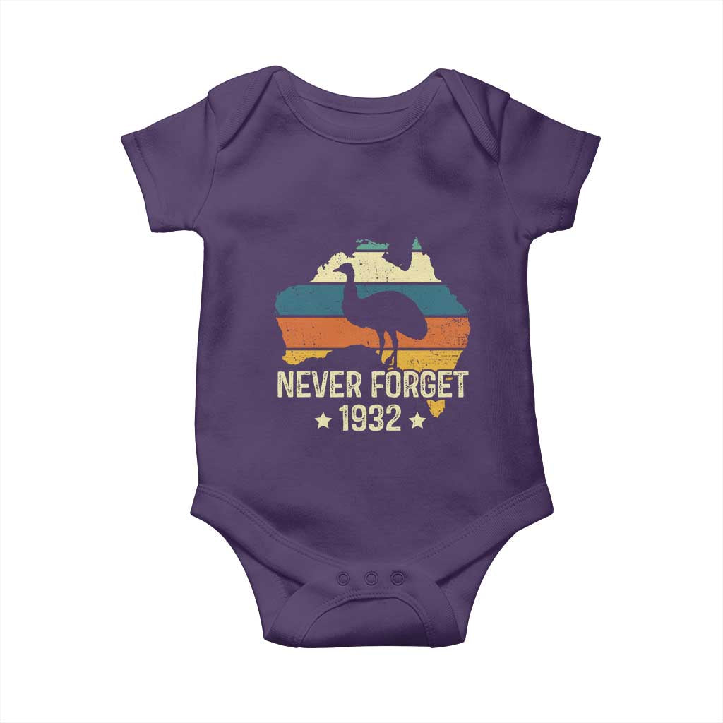 Never Forget 1932 Emu War Baby Onesie Funny Emu Lover Zookeeper TS10 Purple Print Your Wear