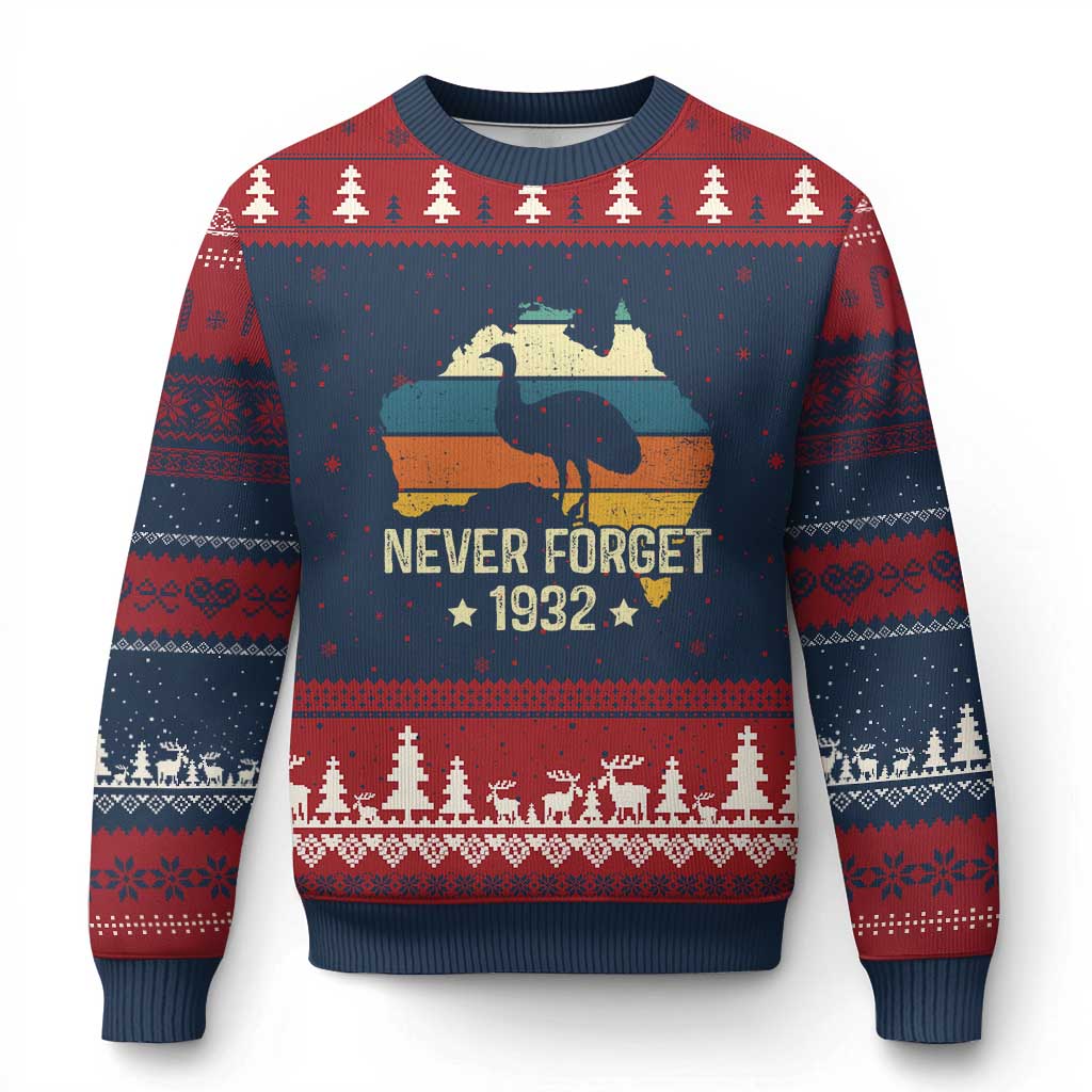 Never Forget 1932 Emu War Ugly Christmas Sweater Funny Emu Lover Zookeeper TS10 Navy Red Print Your Wear