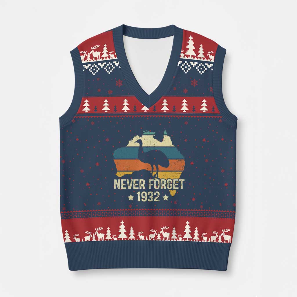 Never Forget 1932 Emu War V-Neck Knit Sweater Vest Funny Emu Lover Zookeeper TS10 Navy Red Print Your Wear