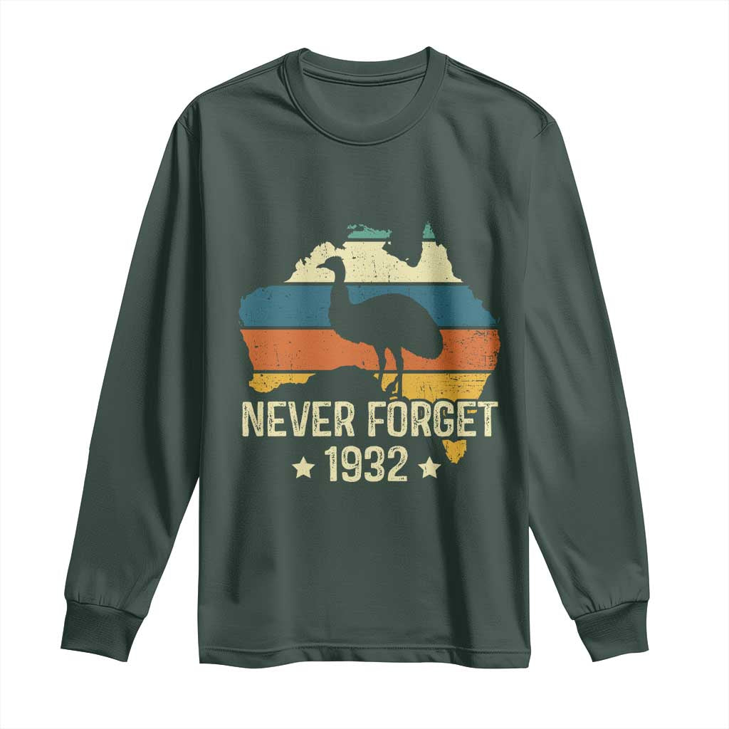 Never Forget 1932 Emu War Long Sleeve Shirt Funny Emu Lover Zookeeper TS10 Dark Forest Green Print Your Wear