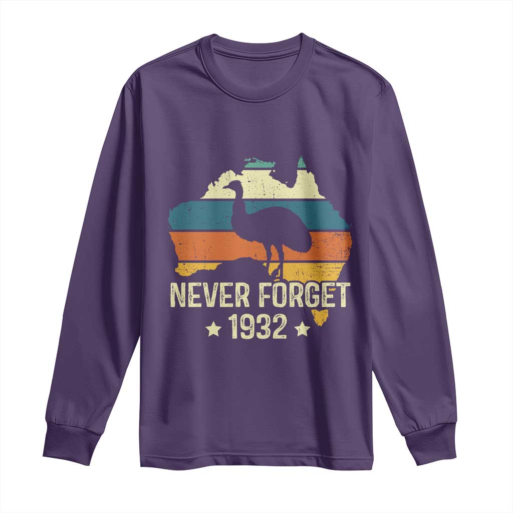 Never Forget 1932 Emu War Long Sleeve Shirt Funny Emu Lover Zookeeper TS10 Purple Print Your Wear