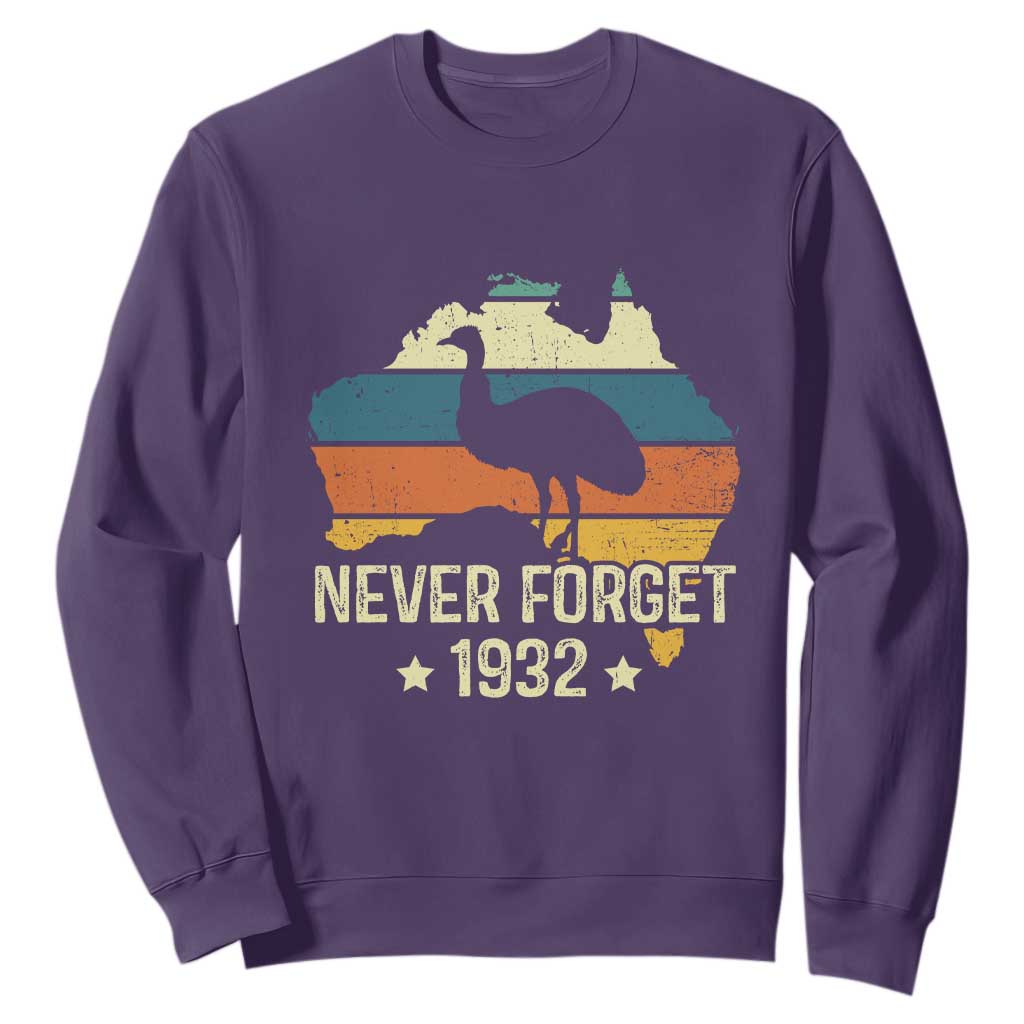 Never Forget 1932 Emu War Sweatshirt Funny Emu Lover Zookeeper TS10 Purple Print Your Wear