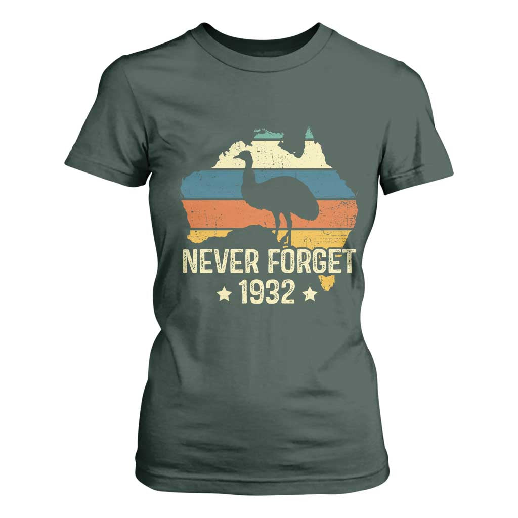 Never Forget 1932 Emu War T Shirt For Women Funny Emu Lover Zookeeper TS10 Dark Forest Green Print Your Wear