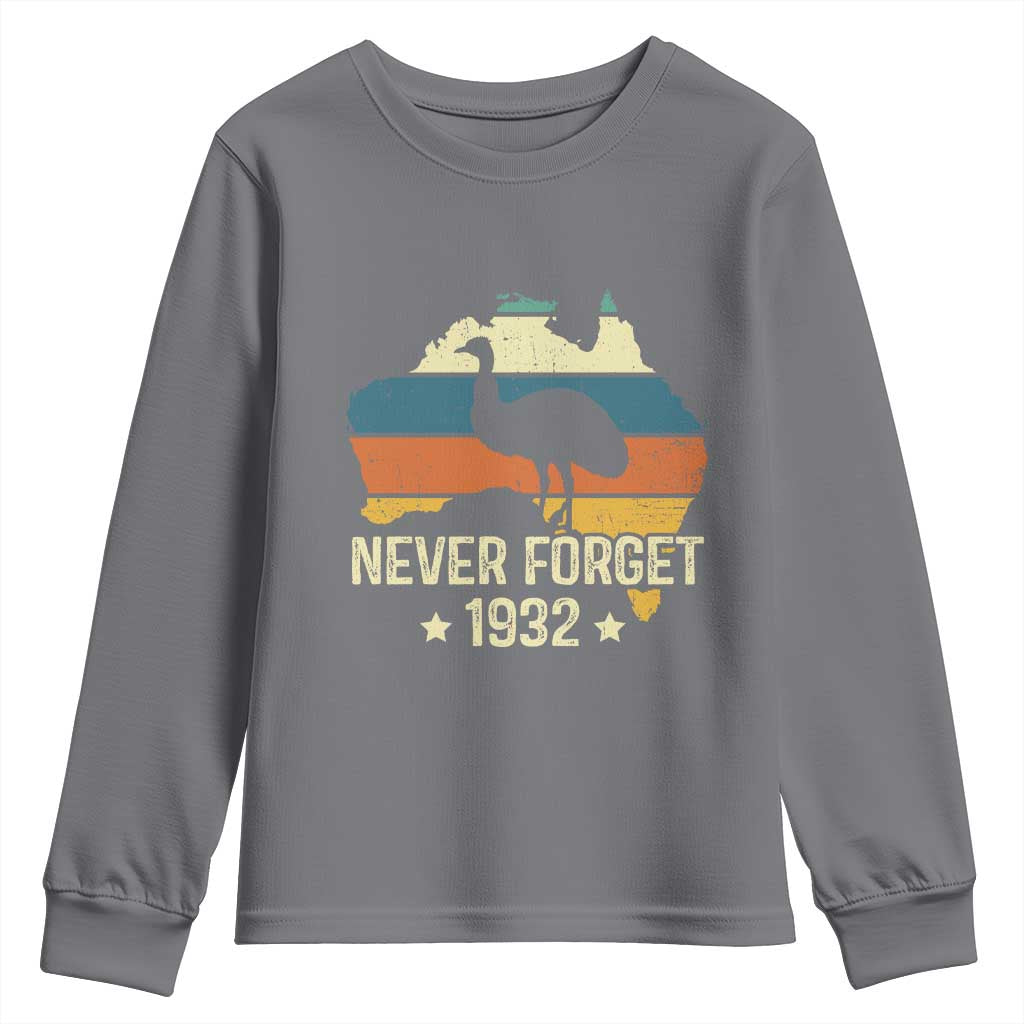 Never Forget 1932 Emu War Youth Sweatshirt Funny Emu Lover Zookeeper TS10 Charcoal Print Your Wear