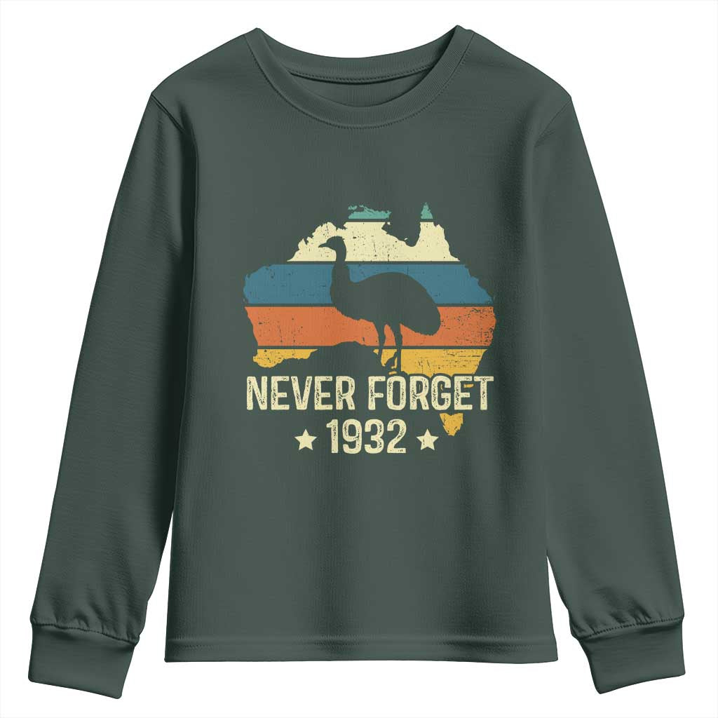 Never Forget 1932 Emu War Youth Sweatshirt Funny Emu Lover Zookeeper TS10 Dark Forest Green Print Your Wear