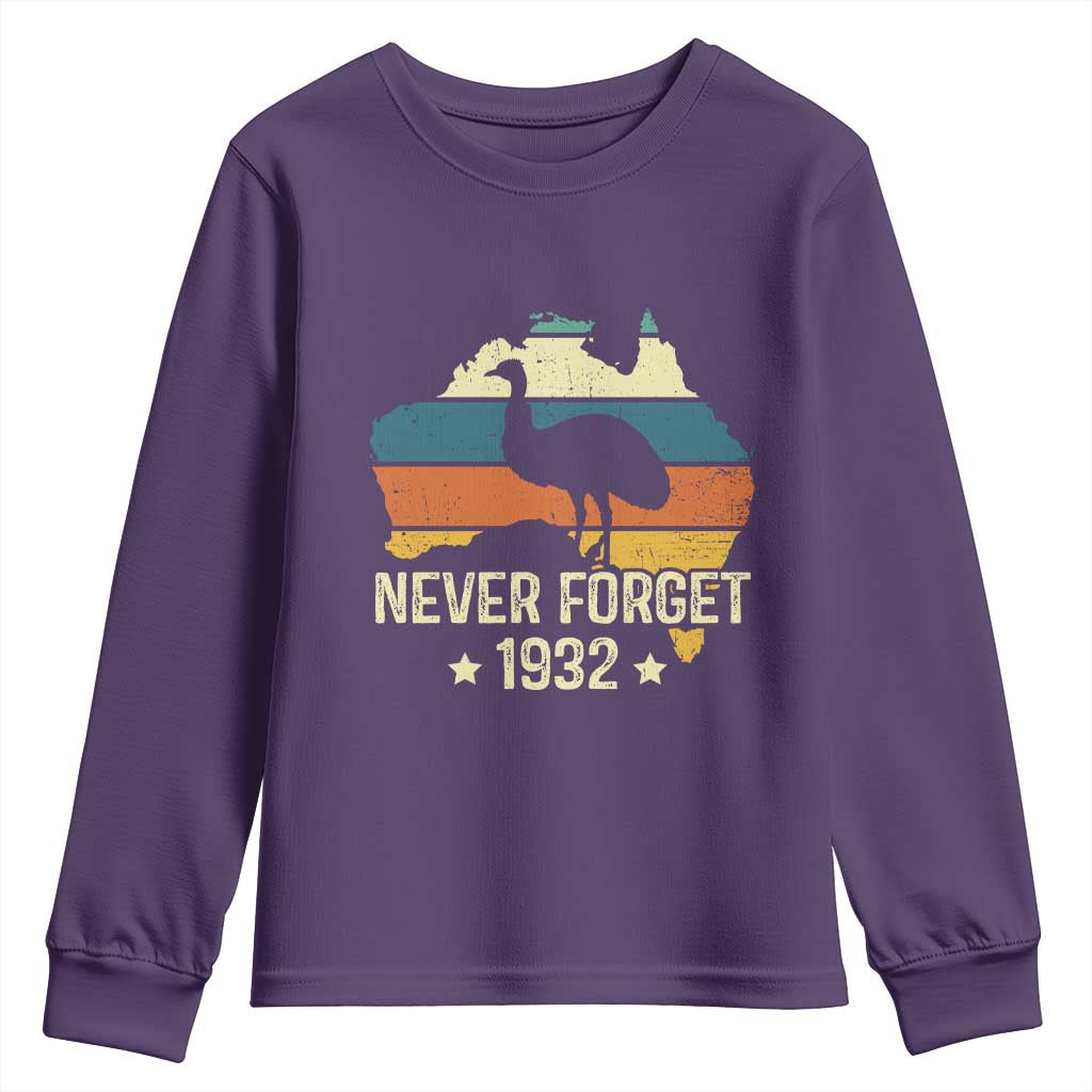 Never Forget 1932 Emu War Youth Sweatshirt Funny Emu Lover Zookeeper TS10 Purple Print Your Wear