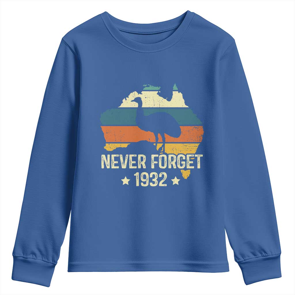 Never Forget 1932 Emu War Youth Sweatshirt Funny Emu Lover Zookeeper TS10 Royal Blue Print Your Wear