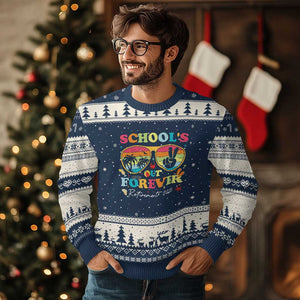School's Out Forever Retired Teacher 2025 Ugly Christmas Sweater Groovy Retirement TS10 Navy Beige Print Your Wear