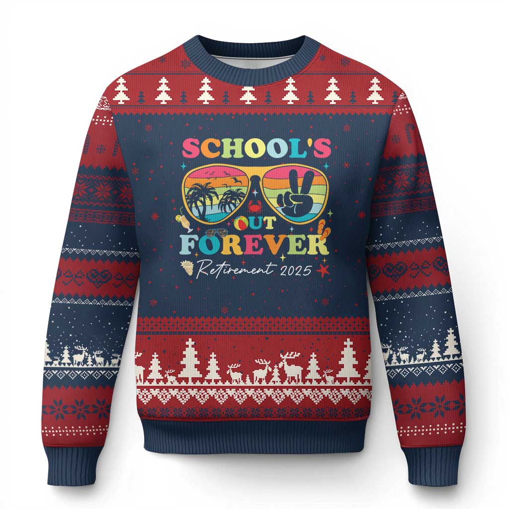 School's Out Forever Retired Teacher 2025 Ugly Christmas Sweater Groovy Retirement TS10 Navy Red Print Your Wear