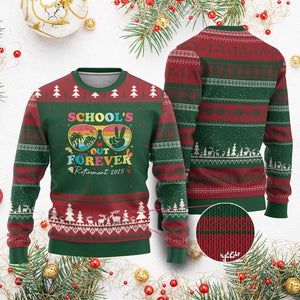 School's Out Forever Retired Teacher 2025 Ugly Christmas Sweater Groovy Retirement TS10 Red Green Print Your Wear