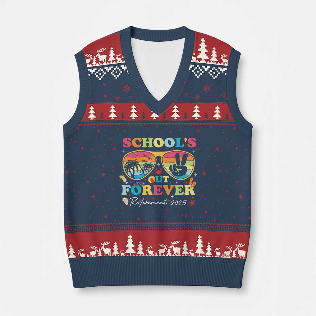 School's Out Forever Retired Teacher 2025 V-Neck Knit Sweater Vest Groovy Retirement TS10 Navy Red Print Your Wear