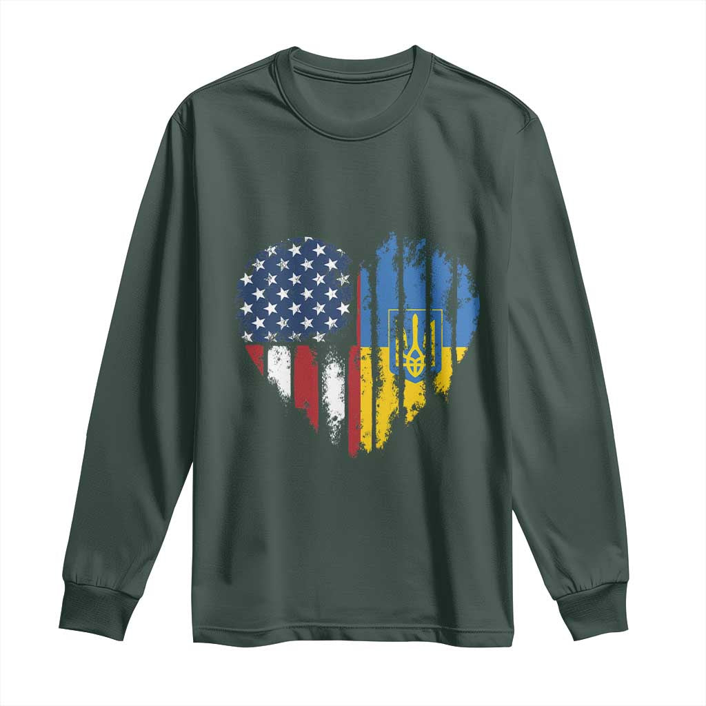 Support Ukraine Long Sleeve Shirt Stand With Ukraine American Ukrainian Flag TS10 Dark Forest Green Print Your Wear