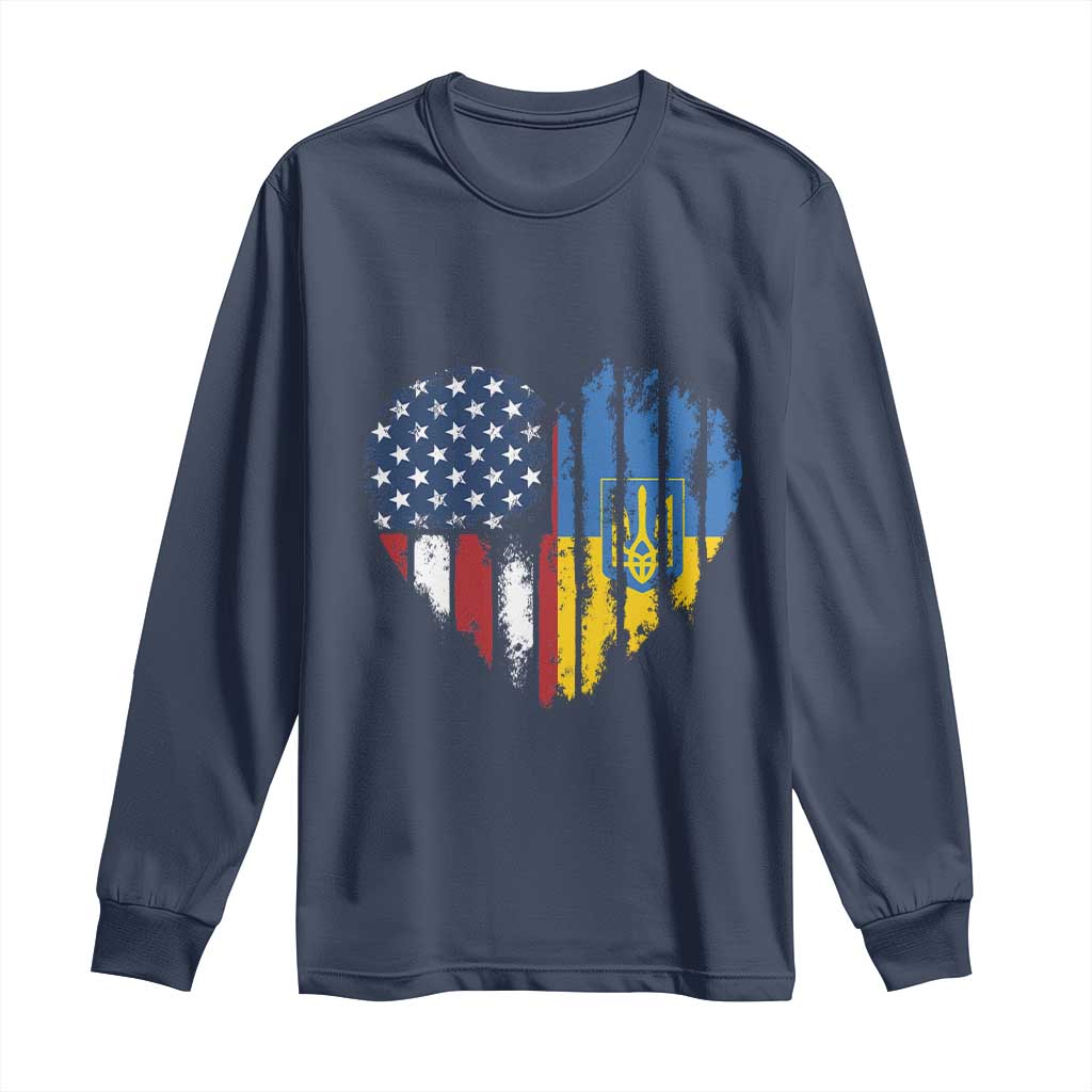 Support Ukraine Long Sleeve Shirt Stand With Ukraine American Ukrainian Flag TS10 Navy Print Your Wear