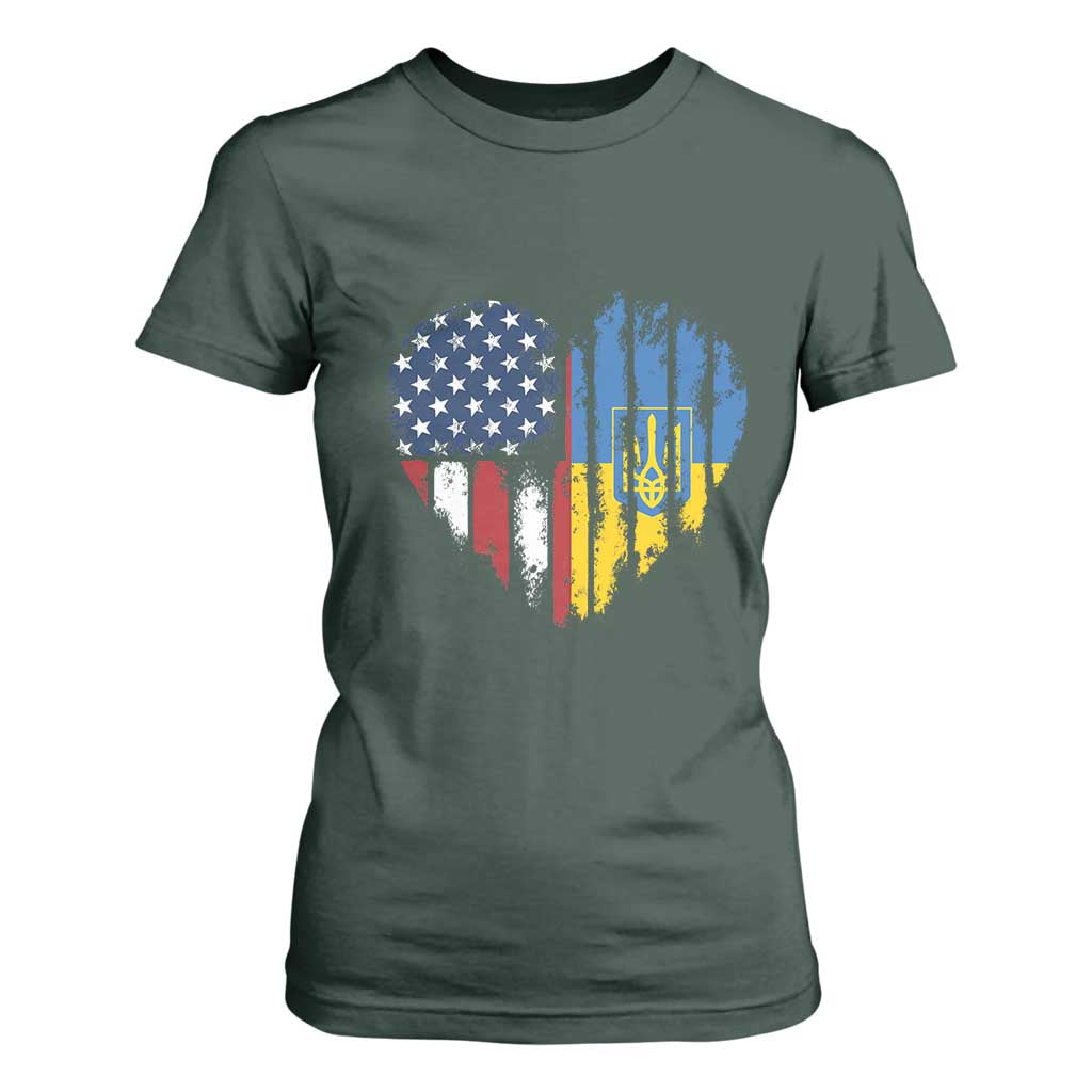 Support Ukraine T Shirt For Women Stand With Ukraine American Ukrainian Flag TS10 Dark Forest Green Print Your Wear