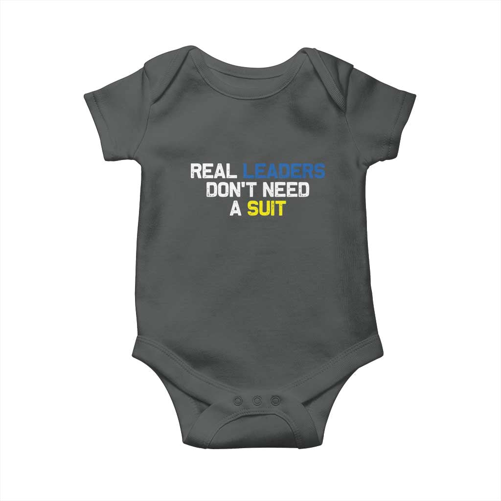 Support Ukraine Baby Onesie Real Leaders Dont Need Suits TS10 Dark Heather Print Your Wear