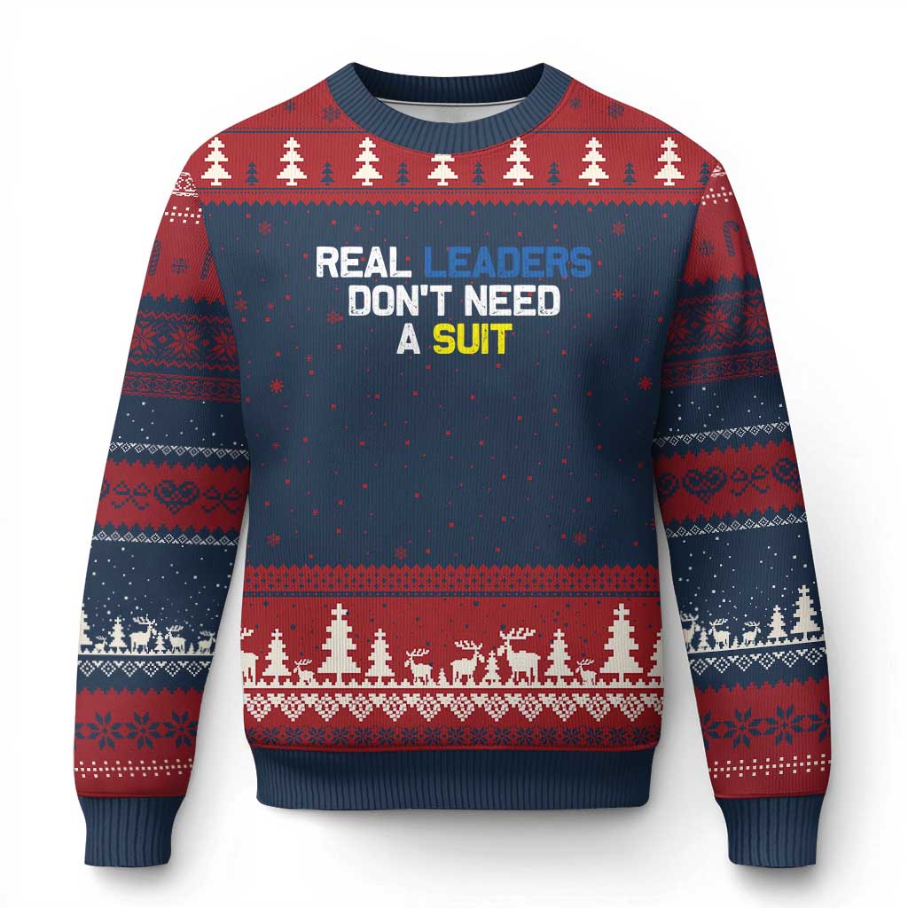 Support Ukraine Ugly Christmas Sweater Real Leaders Dont Need Suits TS10 Navy Red Print Your Wear