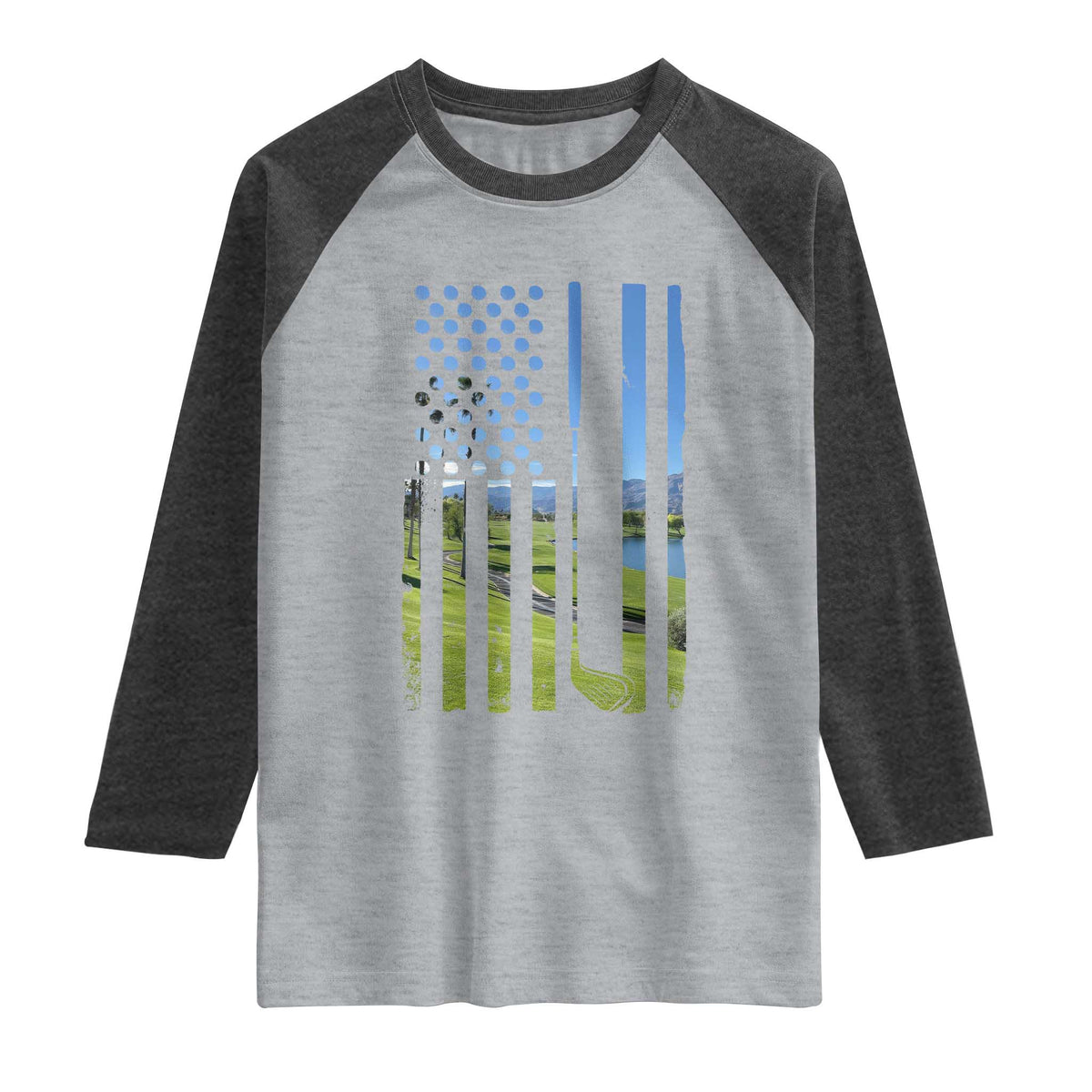 American Flag Golf Raglan Shirt Golfer Funny Golf Club Golfing TS10 Heather Gray Heather Charcoal Print Your Wear