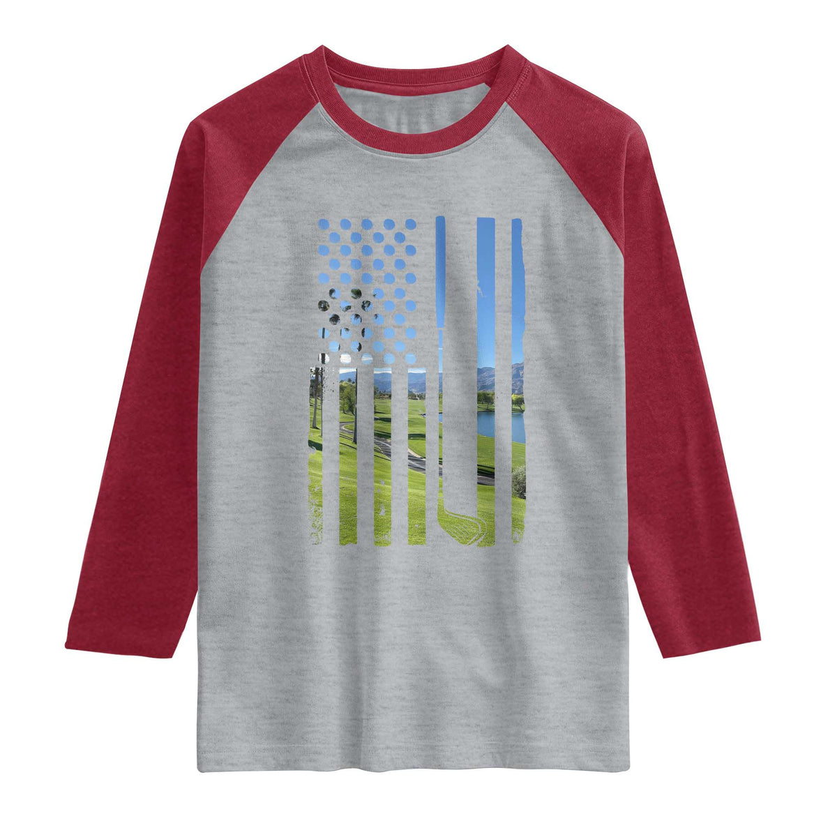 American Flag Golf Raglan Shirt Golfer Funny Golf Club Golfing TS10 Heather Gray Heather Red Print Your Wear