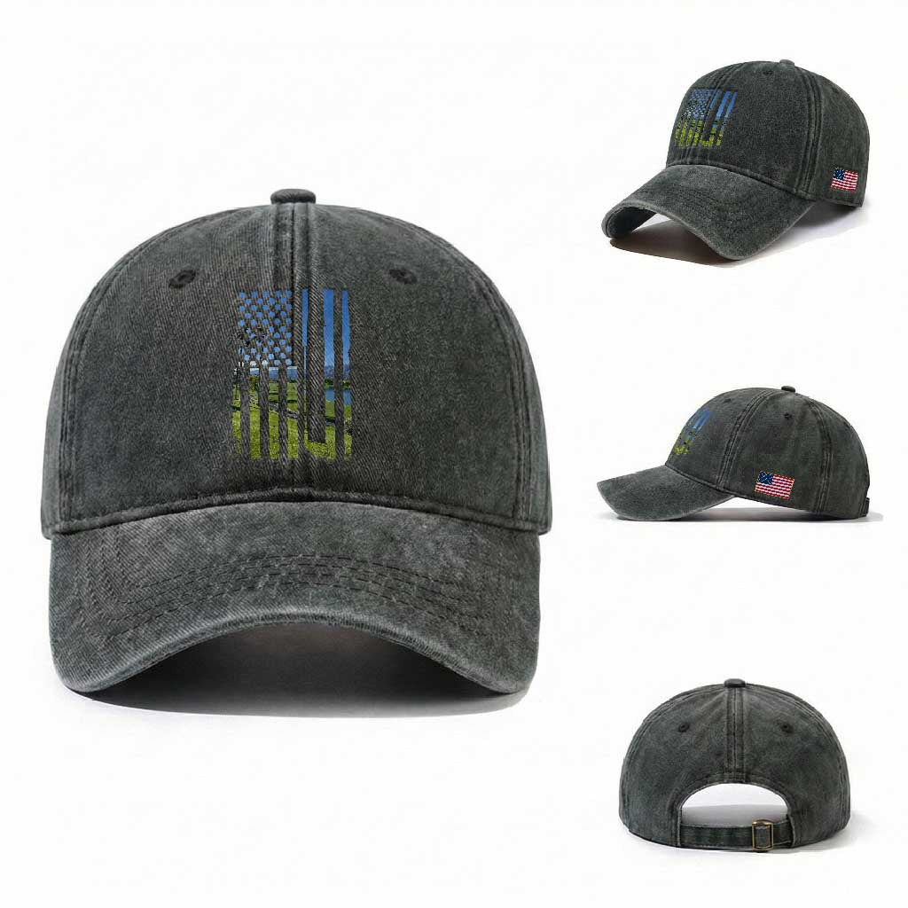 American Flag Golf Washed Cotton Baseball Cap Golfer Funny Golf Club Golfing TS10 Washed Cap Universal Fit Dark Green Print Your Wear