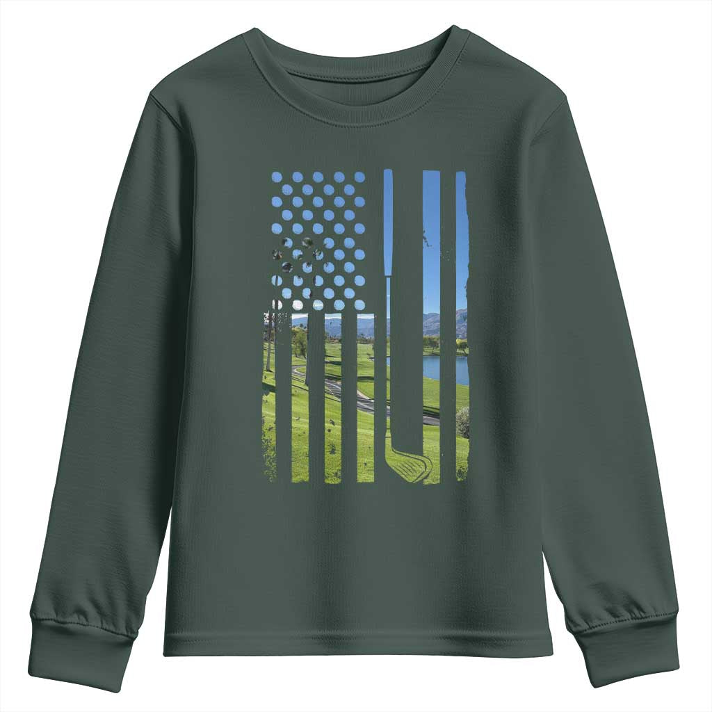 American Flag Golf Youth Sweatshirt Golfer Funny Golf Club Golfing TS10 Dark Forest Green Print Your Wear