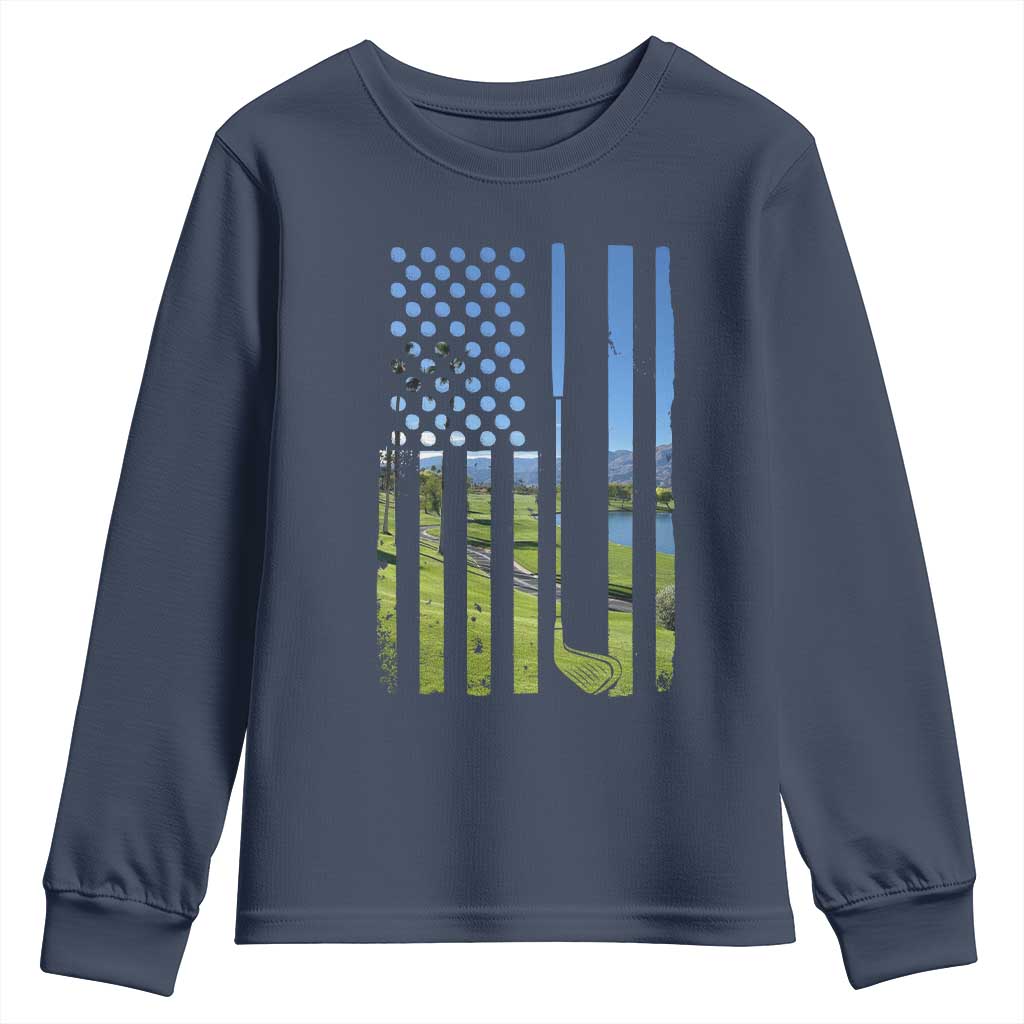 American Flag Golf Youth Sweatshirt Golfer Funny Golf Club Golfing TS10 Navy Print Your Wear