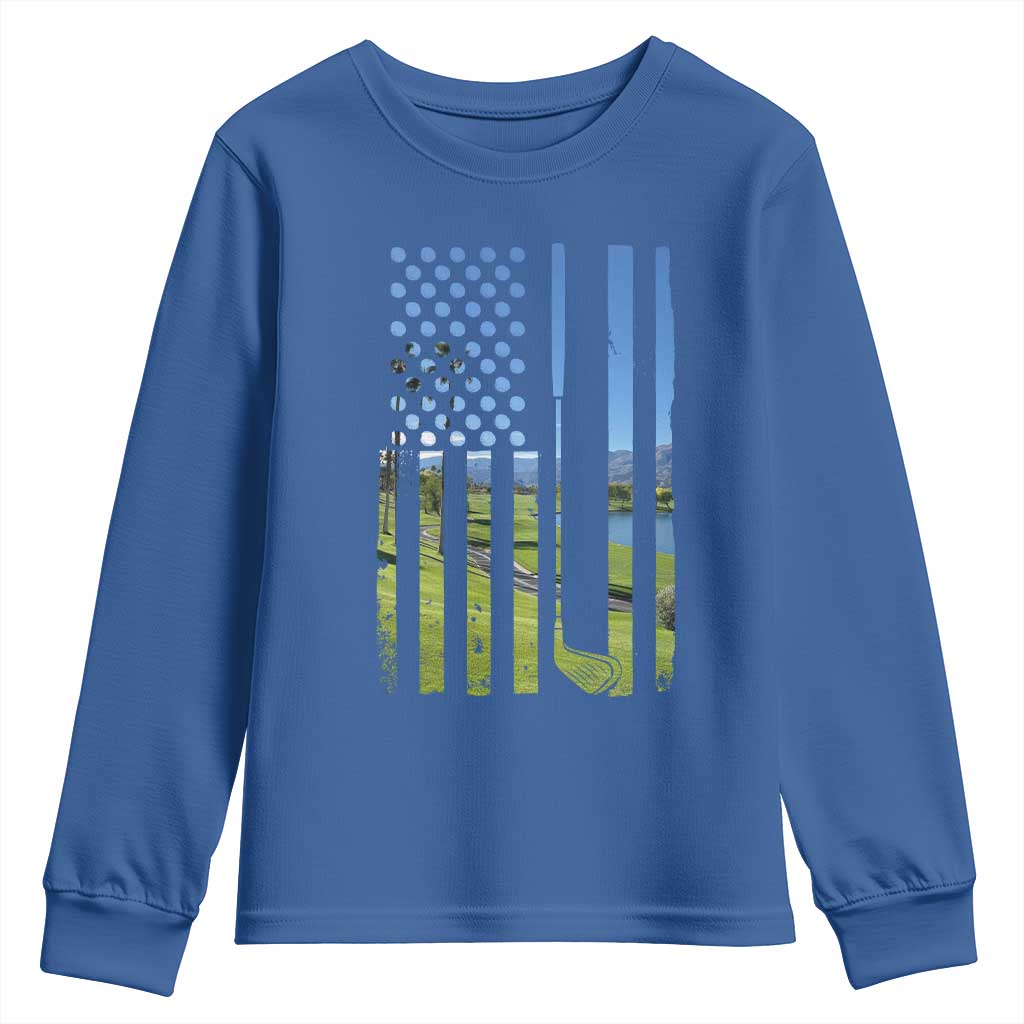 American Flag Golf Youth Sweatshirt Golfer Funny Golf Club Golfing TS10 Royal Blue Print Your Wear