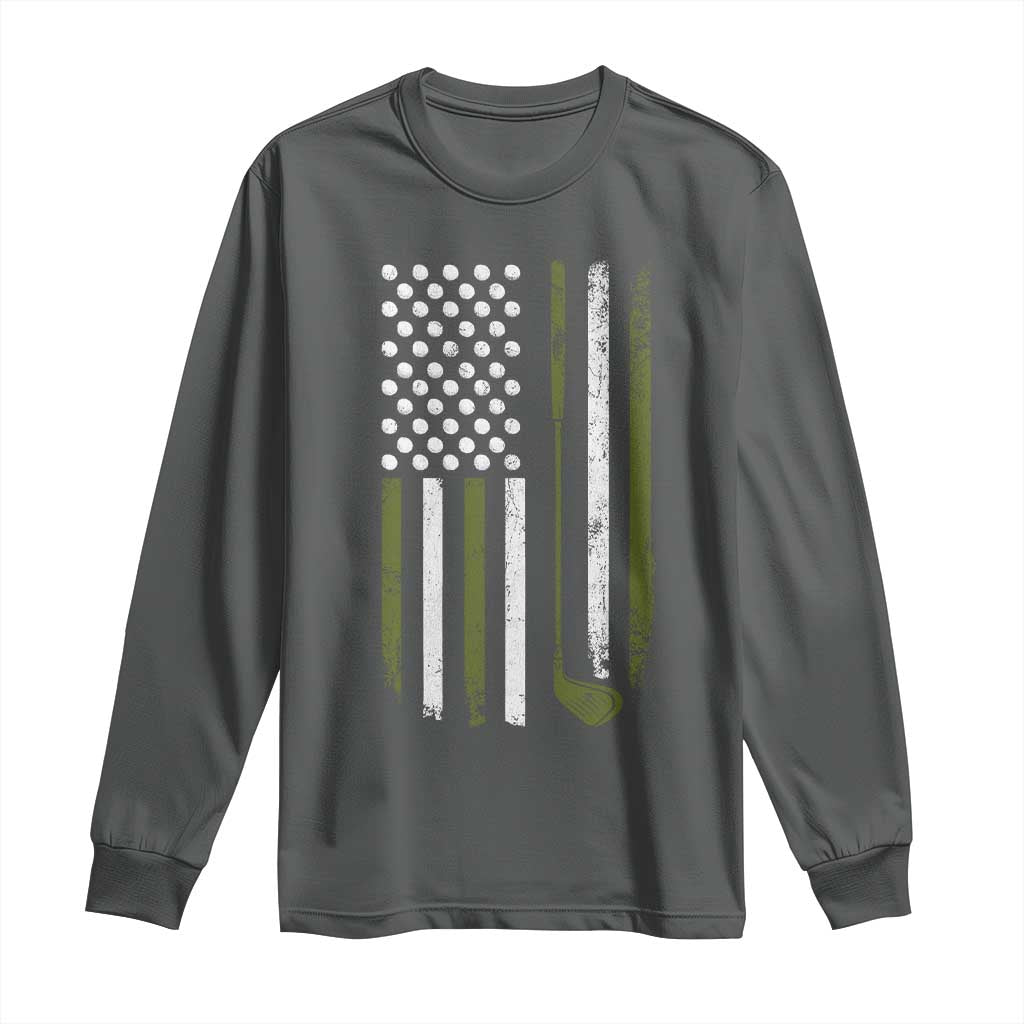 Retro American Flag Golf Long Sleeve Shirt Golfer Funny Golf Club Golfing TS10 Dark Heather Print Your Wear