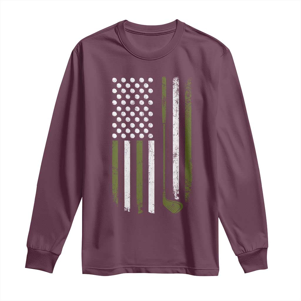 Retro American Flag Golf Long Sleeve Shirt Golfer Funny Golf Club Golfing TS10 Maroon Print Your Wear