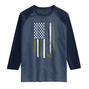 Retro American Flag Golf Raglan Shirt Golfer Funny Golf Club Golfing TS10 Heather Denim Navy Print Your Wear