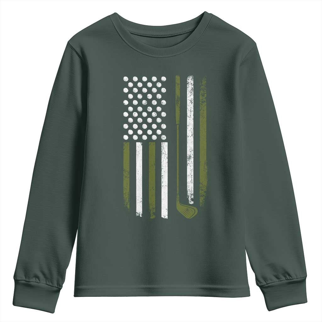 Retro American Flag Golf Youth Sweatshirt Golfer Funny Golf Club Golfing TS10 Dark Forest Green Print Your Wear