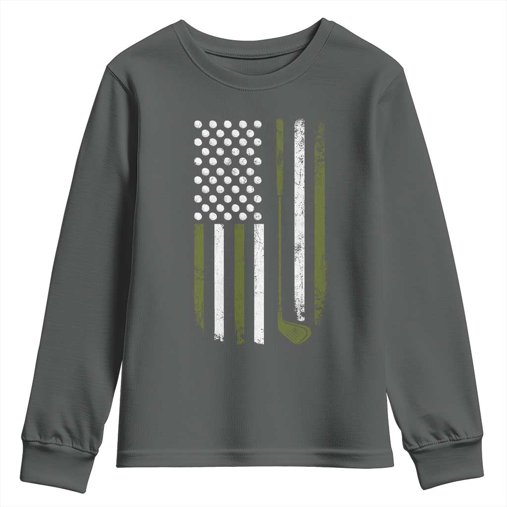 Retro American Flag Golf Youth Sweatshirt Golfer Funny Golf Club Golfing TS10 Dark Heather Print Your Wear