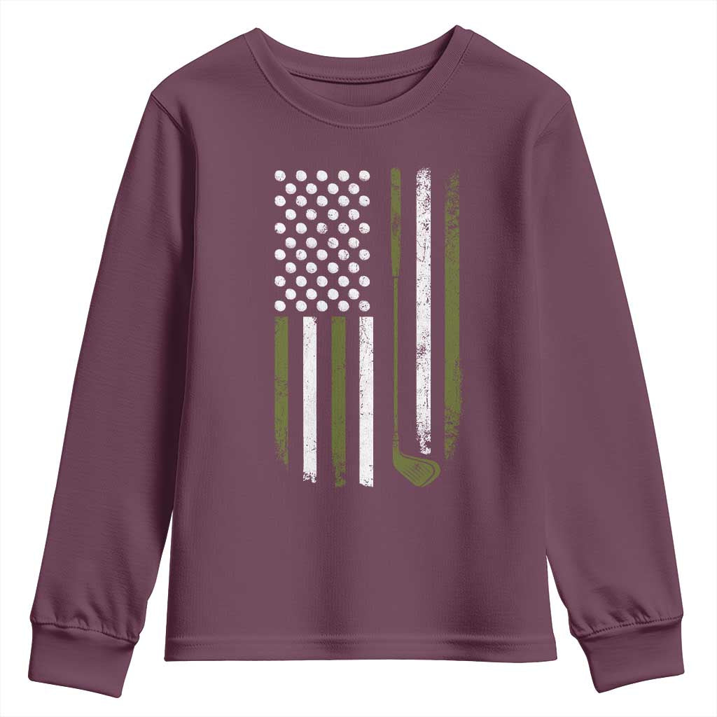 Retro American Flag Golf Youth Sweatshirt Golfer Funny Golf Club Golfing TS10 Maroon Print Your Wear