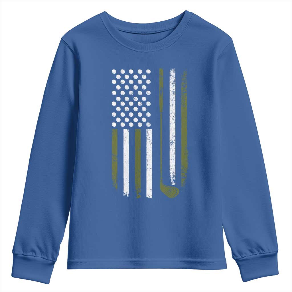Retro American Flag Golf Youth Sweatshirt Golfer Funny Golf Club Golfing TS10 Royal Blue Print Your Wear