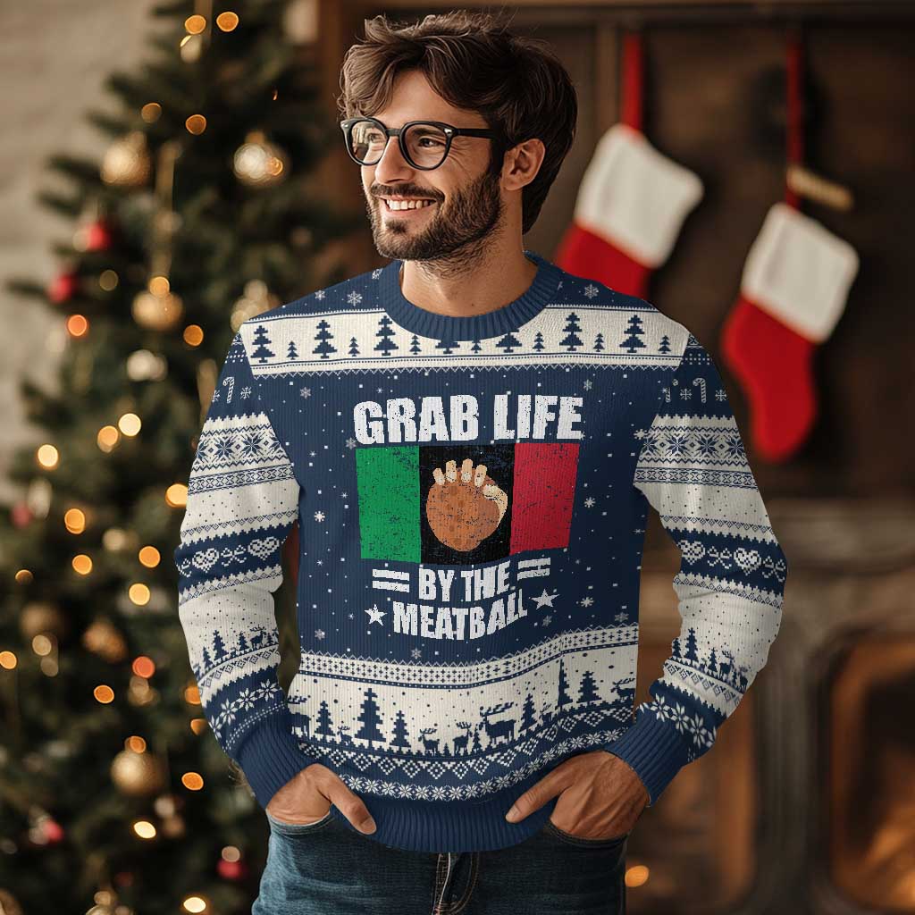 Funny Meatball Ugly Christmas Sweater Italian Food Italy Flag TS10 Navy Beige Print Your Wear