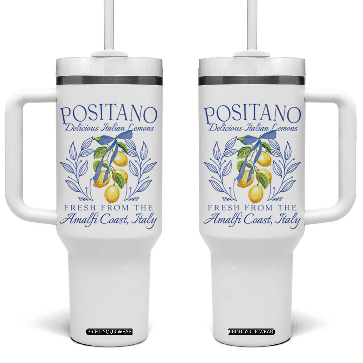 Positano Italy Tumbler With Handle Amalfi Coast Italian Lemons Town Italy Vacation TS10 One Size: 40 oz White Print Your Wear
