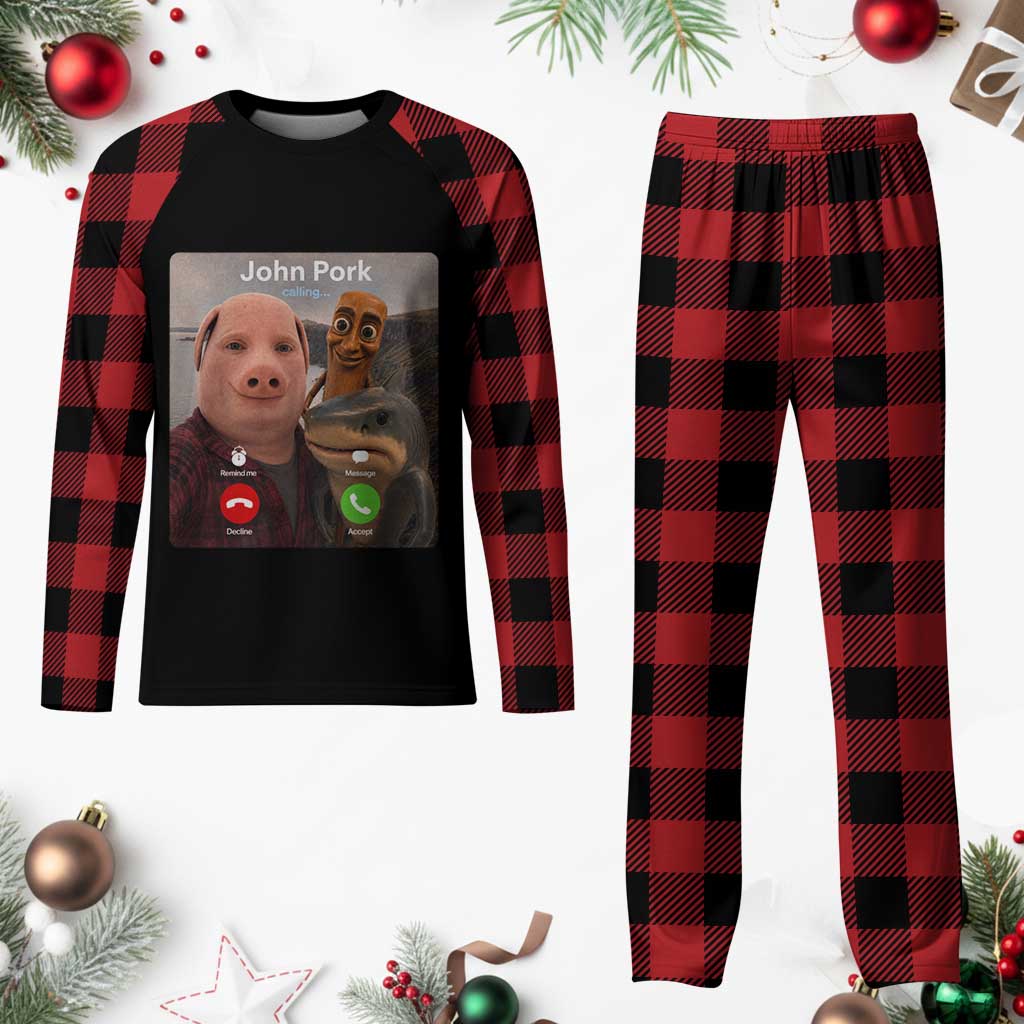Tung Tung Tung Sahur John Pork Calling Plaid Pajama Set Tralalero Tralala Meme Brainrot Funny