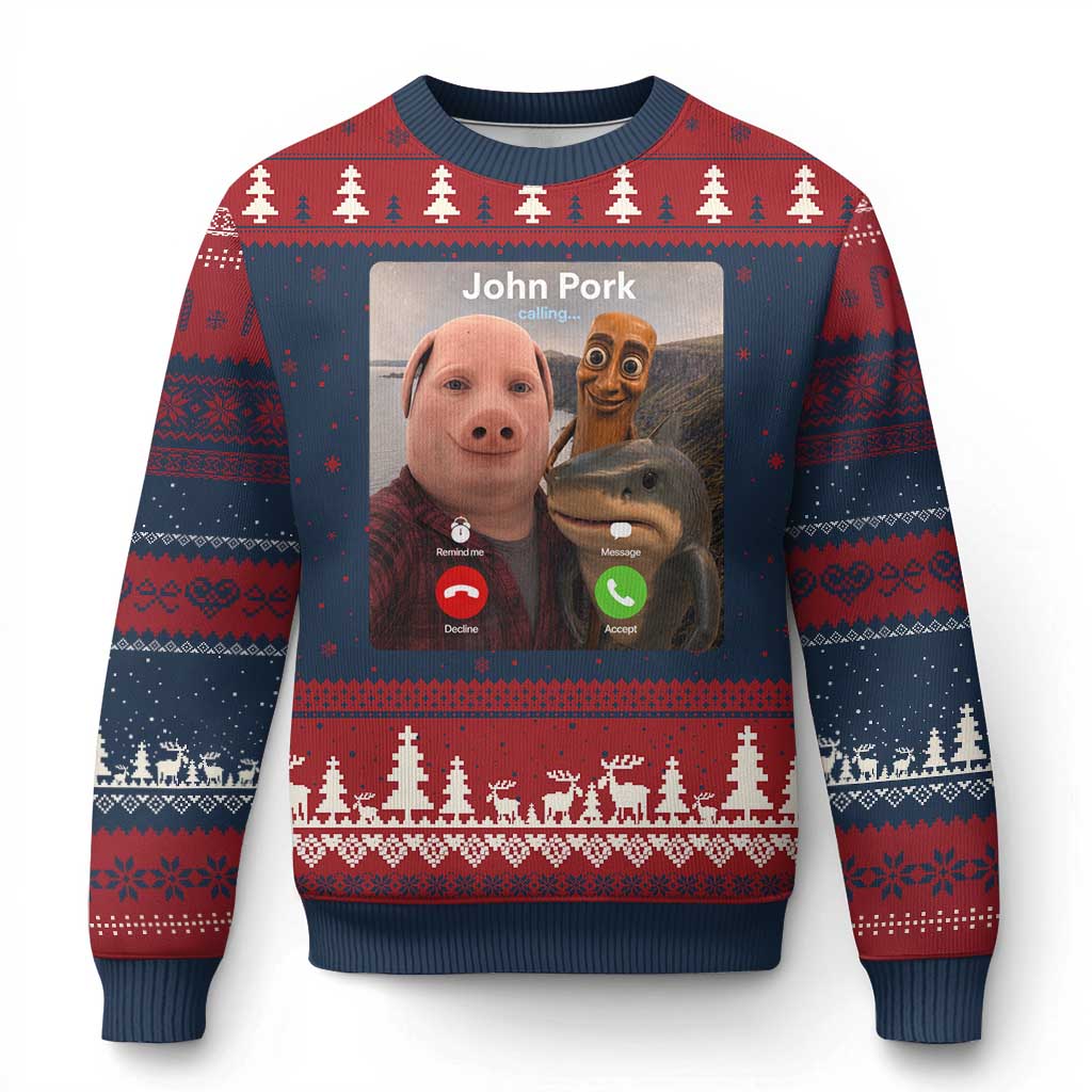 Tung Tung Tung Sahur John Pork Calling Ugly Christmas Sweater Tralalero Tralala Meme Brainrot Funny