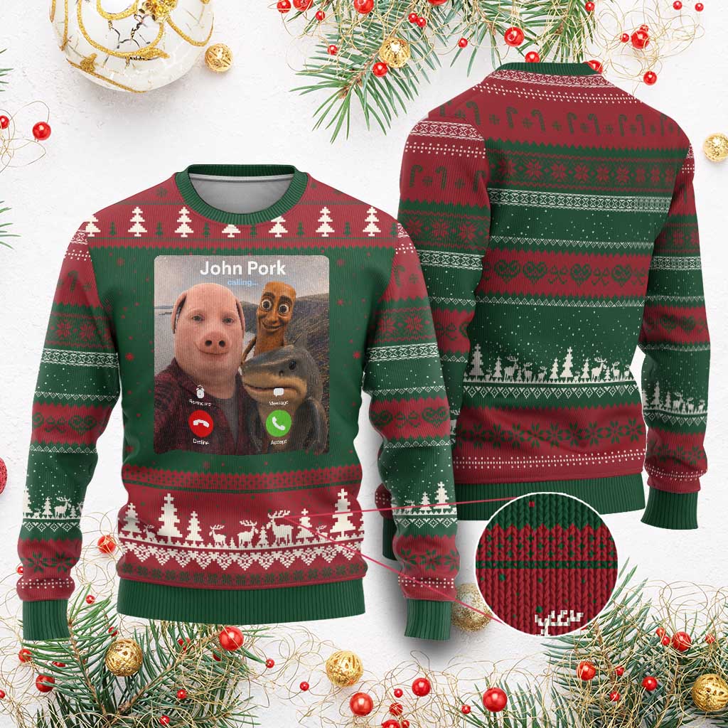 Tung Tung Tung Sahur John Pork Calling Ugly Christmas Sweater Tralalero Tralala Meme Brainrot Funny