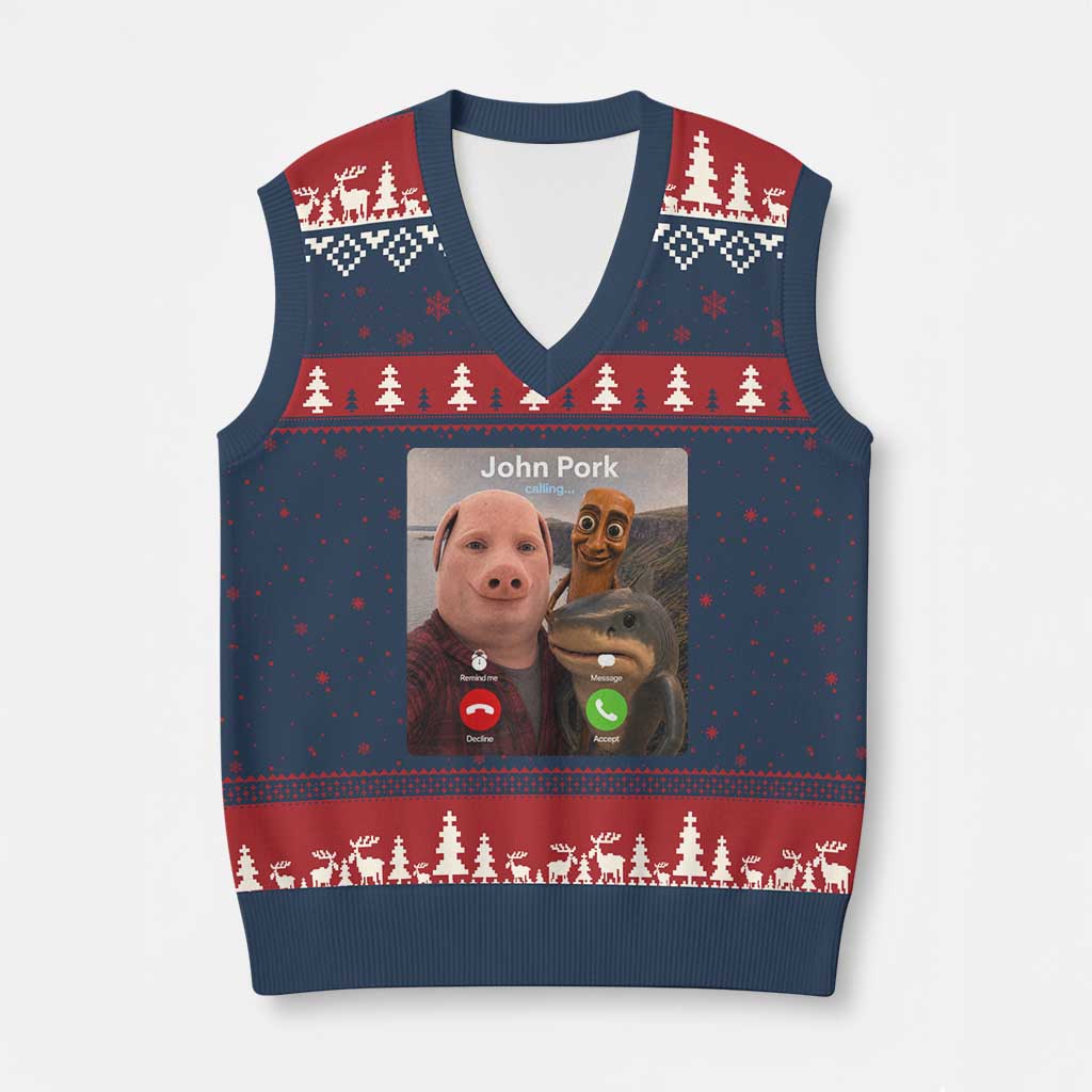 Tung Tung Tung Sahur John Pork Calling V-Neck Knit Sweater Vest Tralalero Tralala Meme Brainrot Funny TS10 Navy Red Print Your Wear