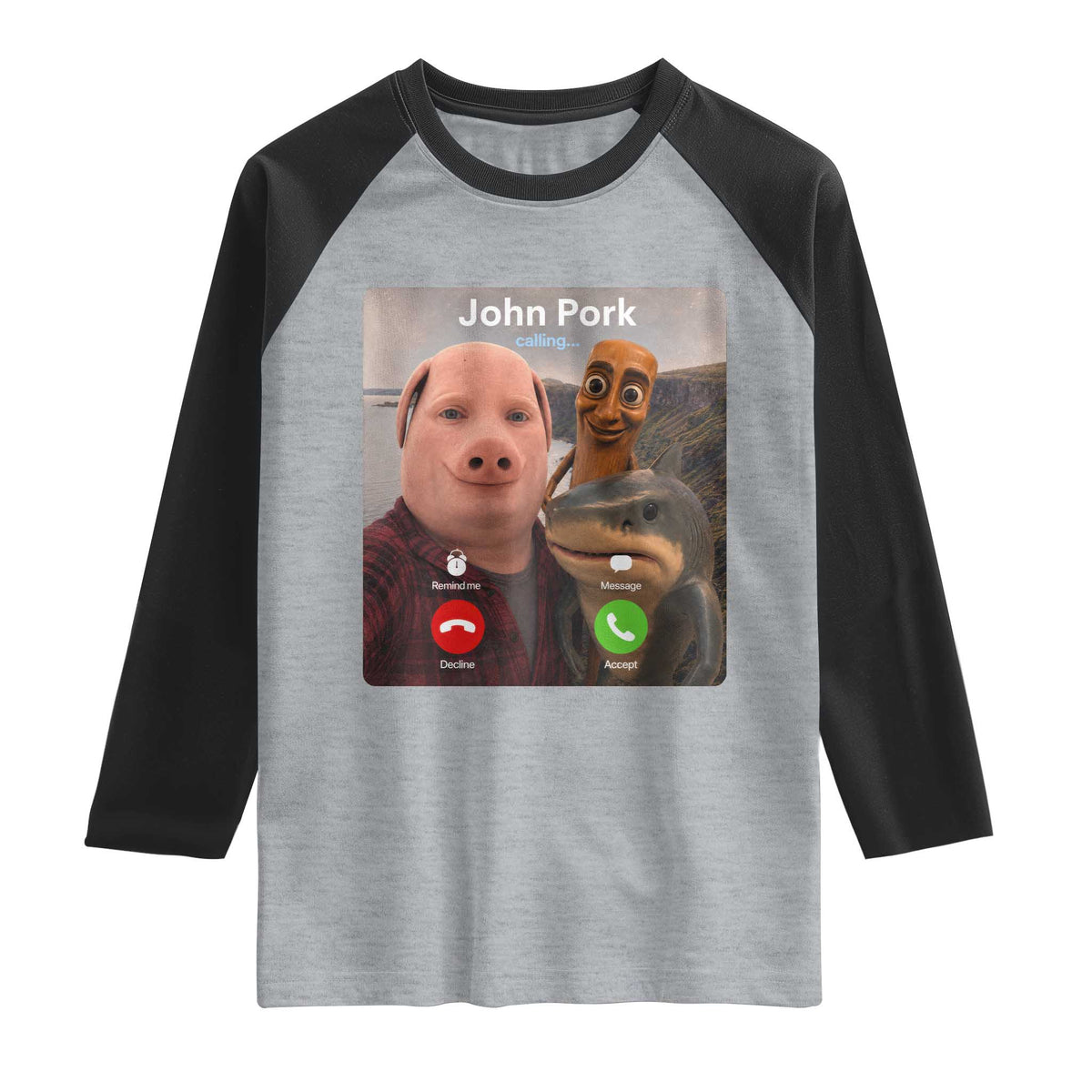 Tung Tung Tung Sahur John Pork Calling Raglan Shirt Tralalero Tralala Meme Brainrot Funny