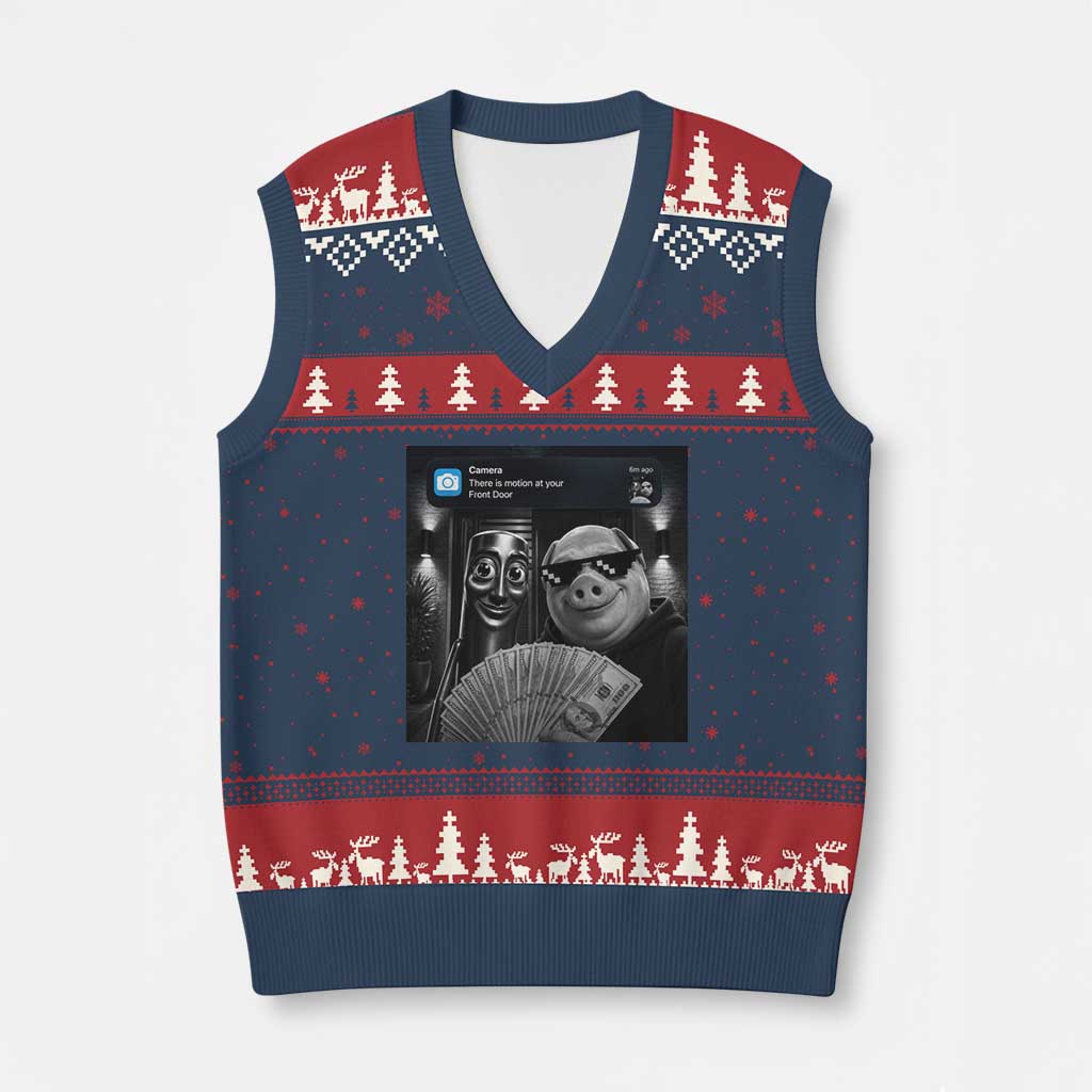 Tung Tung Tung Sahur John Pork Meme Brainrot V-Neck Knit Sweater Vest There Is Motion At Your Front Door