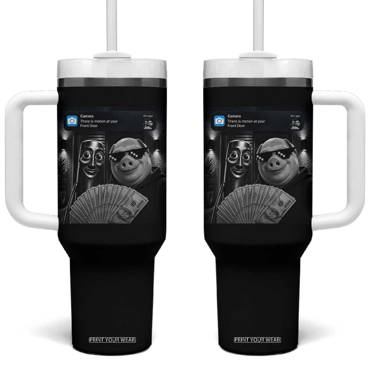 Tung Tung Tung Sahur John Pork Meme Brainrot Tumbler With Handle There Is Motion At Your Front Door TS10 One Size: 40 oz Black Print Your Wear