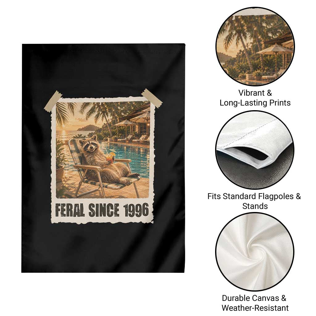 Funny Raccoon Feral Since 1996 30th Birthday Garden Flag Vintage 30 Year Old Gift