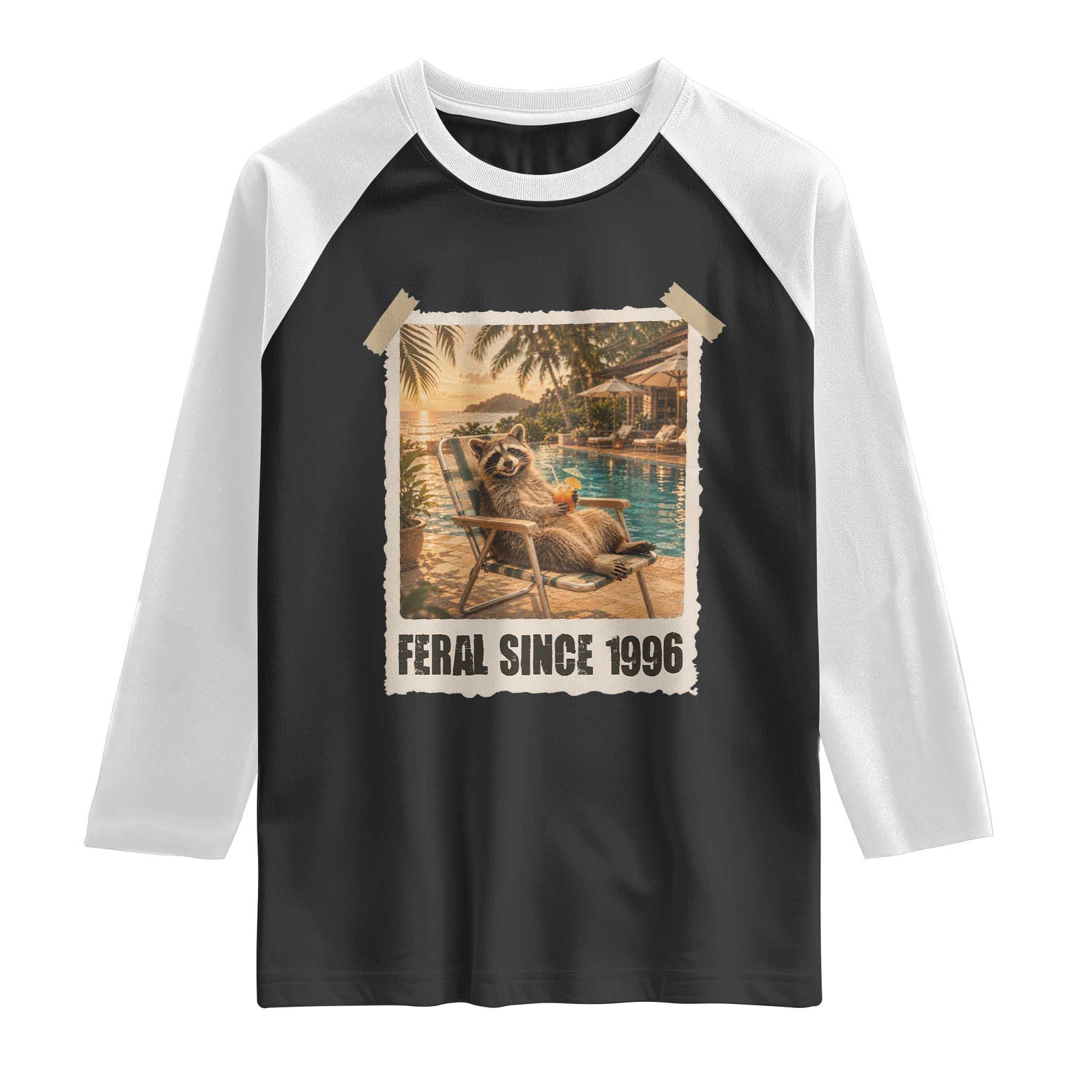 Funny Raccoon Feral Since 1996 30th Birthday Raglan Shirt Vintage 30 Year Old Gift TS10 Black White Print Your Wear