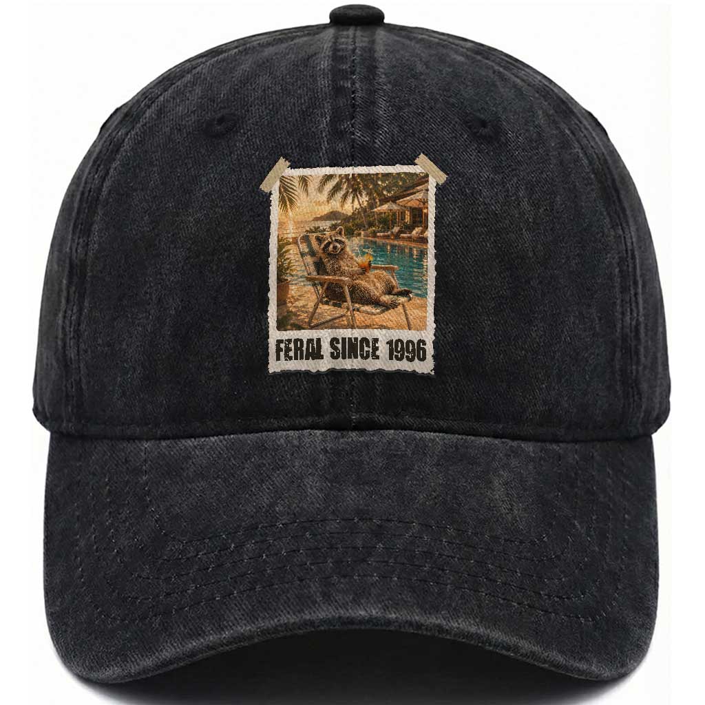 Funny Raccoon Feral Since 1996 30th Birthday Washed Cotton Baseball Cap Vintage 30 Year Old Gift TS10 Print Your Wear