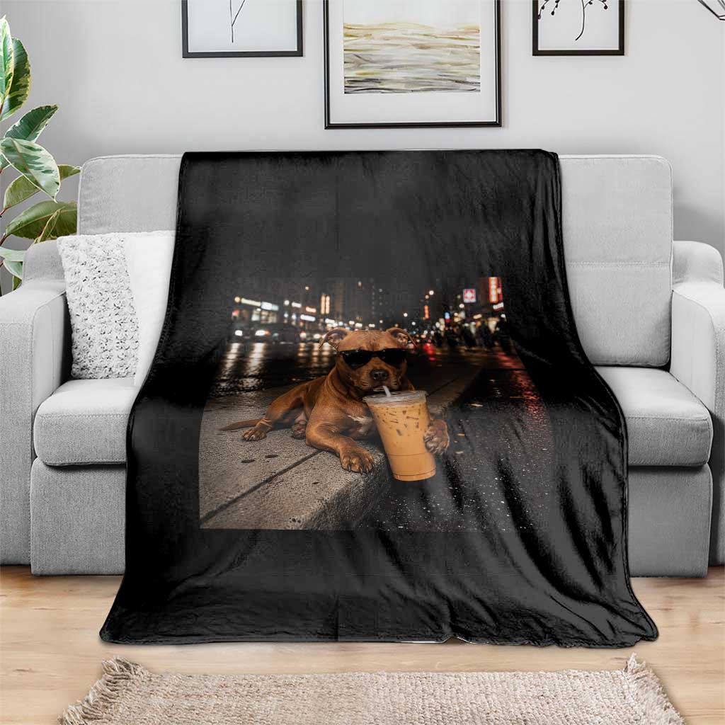 Funny Pitbull Drinking Iced Coffee Throw Blanket Vintage Pittie Dog Lovers Meme