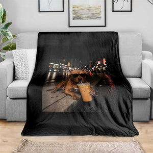 Funny Pitbull Drinking Iced Coffee Throw Blanket Vintage Pittie Dog Lovers Meme